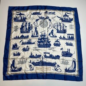 Vintage Hermès "Théâtre D'ombres" Nautical Silk Scarf Blue White No Box RARE